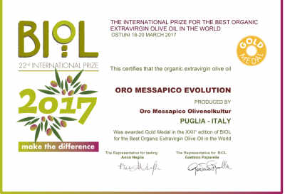 BIOL 2017 Best Organic Extravirgin Oliveoil in the World - Gold Medal for ORO MESSAPICO Evolution